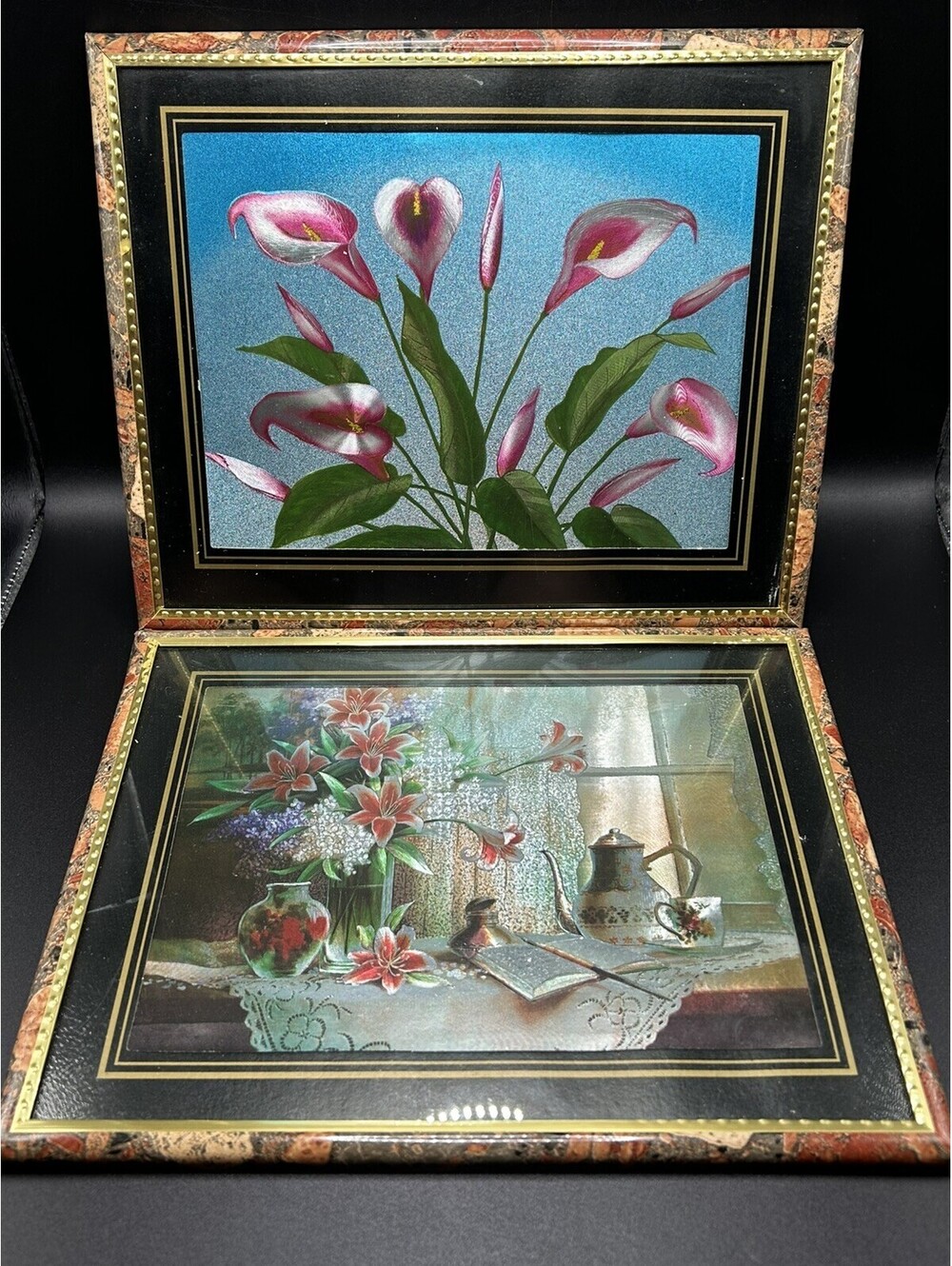 Vintage Set Of 2 Foil Art- Floral Images- framed 1970’s